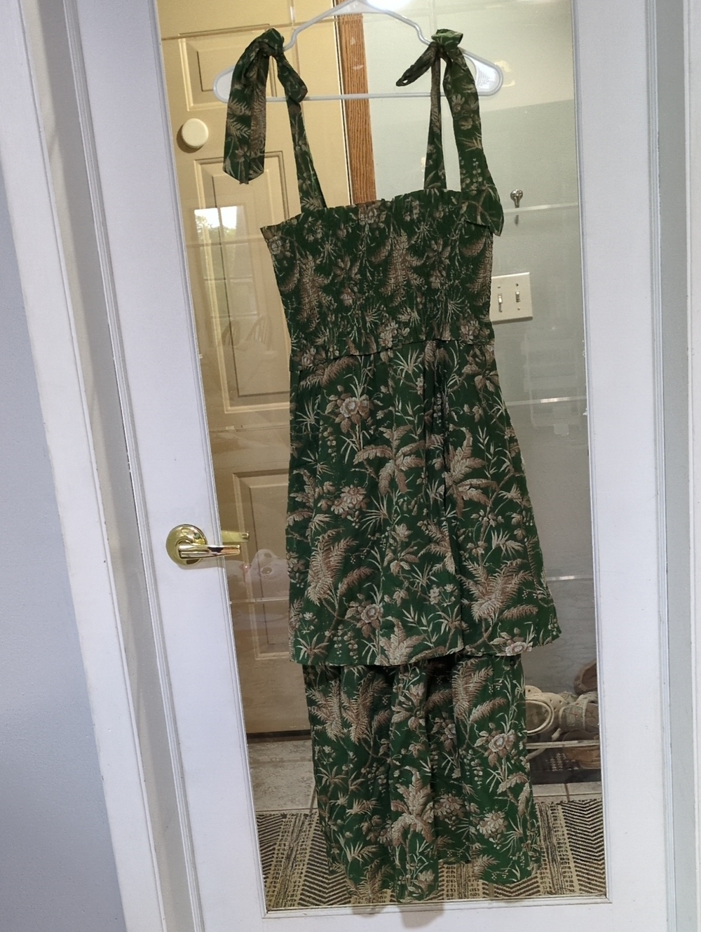 La Vie Rebecca Taylor Green Botanical Tie-Shoulder Tiered Dress